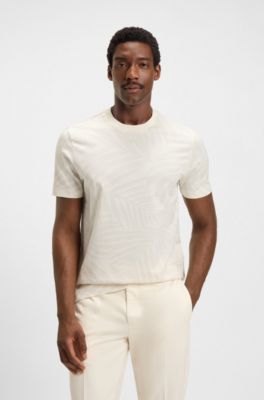 Mercerised-cotton T-shirt with leaf jacquard, Natural