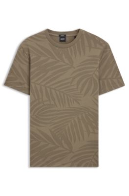 Mercerised-cotton T-shirt with leaf jacquard, Light Brown