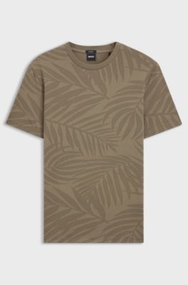 Mercerised-cotton T-shirt with leaf jacquard, Light Brown