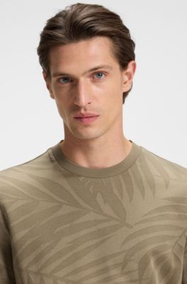 Mercerised-cotton T-shirt with leaf jacquard, Light Brown