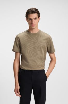 Mercerised-cotton T-shirt with leaf jacquard, Light Brown