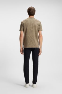 Mercerised-cotton T-shirt with leaf jacquard, Light Brown