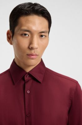 Regular-fit shirt in easy-iron cotton satin, Dark Red