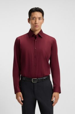 Regular-fit shirt in easy-iron cotton satin, Dark Red