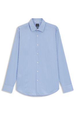 Regular-fit shirt in easy-iron striped cotton satin, Blue stripes