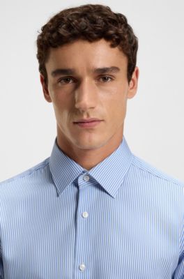 Regular-fit shirt in easy-iron striped cotton satin, Blue stripes