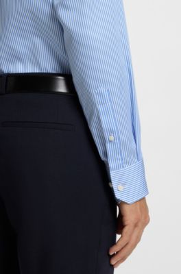 Regular-fit shirt in easy-iron striped cotton satin, Blue stripes