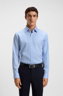 Regular-fit shirt in easy-iron striped cotton satin, Blue stripes