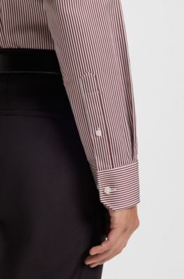 Regular-fit shirt in easy-iron striped cotton satin, Red stripes