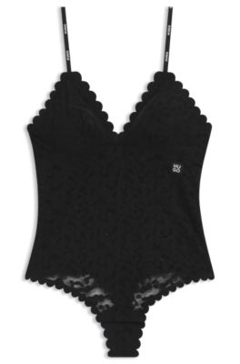 Scalloped-edge bodysuit in leopard-print lace, Black