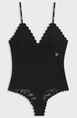 Scalloped-edge bodysuit in leopard-print lace, Black