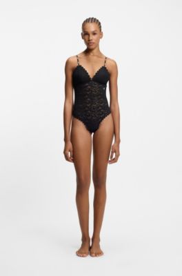 Scalloped-edge bodysuit in leopard-print lace, Black