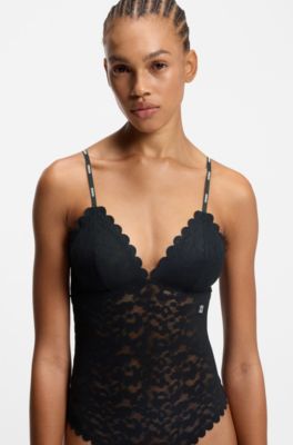Scalloped-edge bodysuit in leopard-print lace, Black