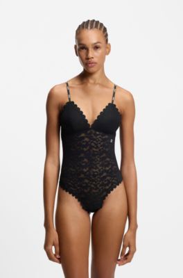 Scalloped-edge bodysuit in leopard-print lace, Black