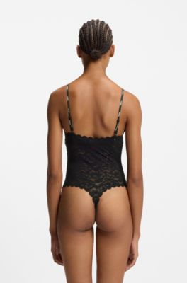 Scalloped-edge bodysuit in leopard-print lace, Black