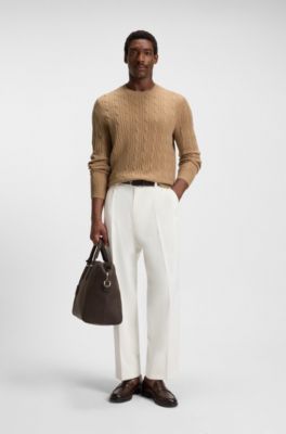 Pullover aus Wolle mit Kaschmir und Zopfmuster, Beige