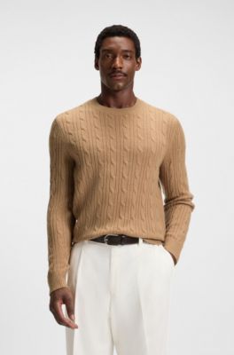 Pullover aus Wolle mit Kaschmir und Zopfmuster, Beige