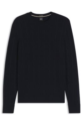 Cable-knit sweater in wool and cashmere, Dark Blue