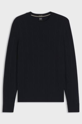 Pull en maille torsad&eacute;e de laine et cachemire, Bleu fonc&eacute;