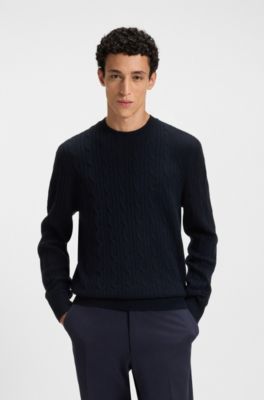 Pull en maille torsad&eacute;e de laine et cachemire, Bleu fonc&eacute;