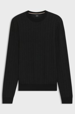 Herringbone-structured sweater in virgin wool and cotton, Black