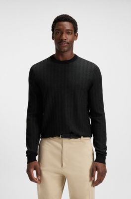 Herringbone-structured sweater in virgin wool and cotton, Black