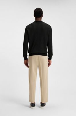 Herringbone-structured sweater in virgin wool and cotton, Black