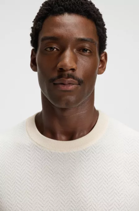Herringbone-structured sweater in virgin wool and cotton