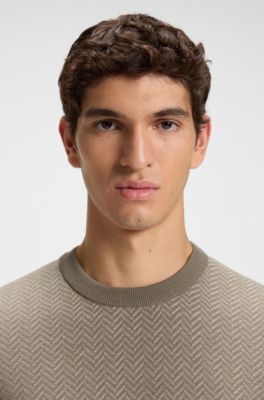 Herringbone-structured sweater in virgin wool and cotton, Light Brown