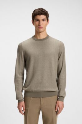 Herringbone-structured sweater in virgin wool and cotton, Light Brown