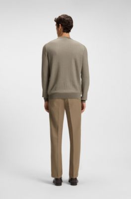 Herringbone-structured sweater in virgin wool and cotton, Light Brown