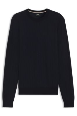 Herringbone-structured sweater in virgin wool and cotton, Dark Blue