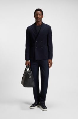 Herringbone-structured sweater in virgin wool and cotton, Dark Blue