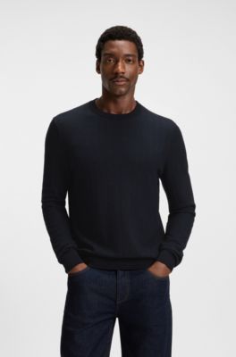 Herringbone-structured sweater in virgin wool and cotton, Dark Blue
