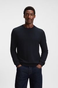 Herringbone-structured sweater in virgin wool and cotton, Dark Blue