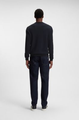 Herringbone-structured sweater in virgin wool and cotton, Dark Blue