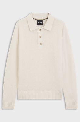 Virgin-wool sweater with polo collar, Natural