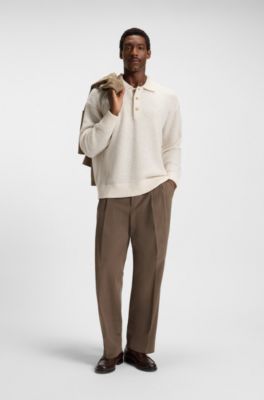 Virgin-wool sweater with polo collar, Natural