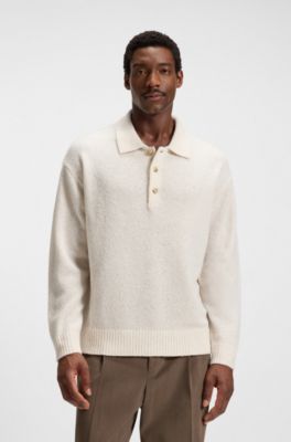 Virgin-wool sweater with polo collar, Natural