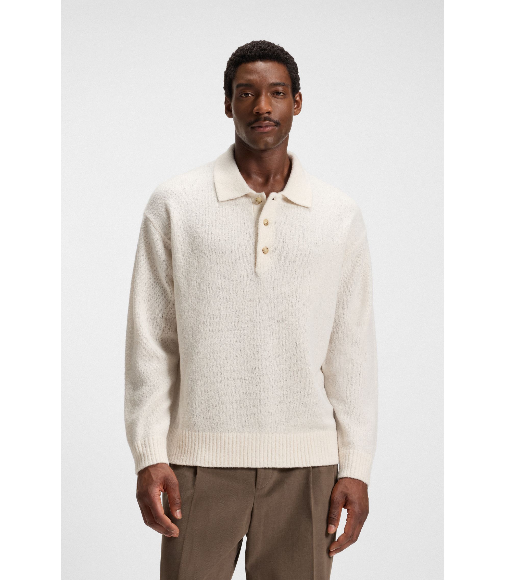 極美品/現行✨HUGO BOSS テーラードジャケット ワッフル ニット 春夏 BOSS - Virgin-wool sweater with polo collar - White
