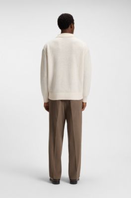 Virgin-wool sweater with polo collar, Natural