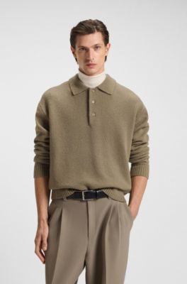 Virgin-wool sweater with polo collar, Brown