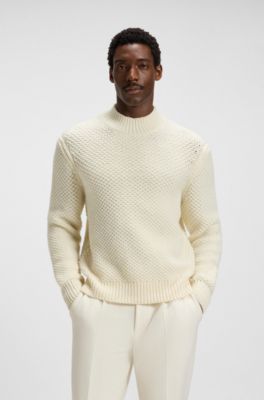Virgin-wool sweater with structured knit, Natural