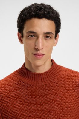 Pull en laine vierge avec maille structur&eacute;e, Orange fonc&eacute;