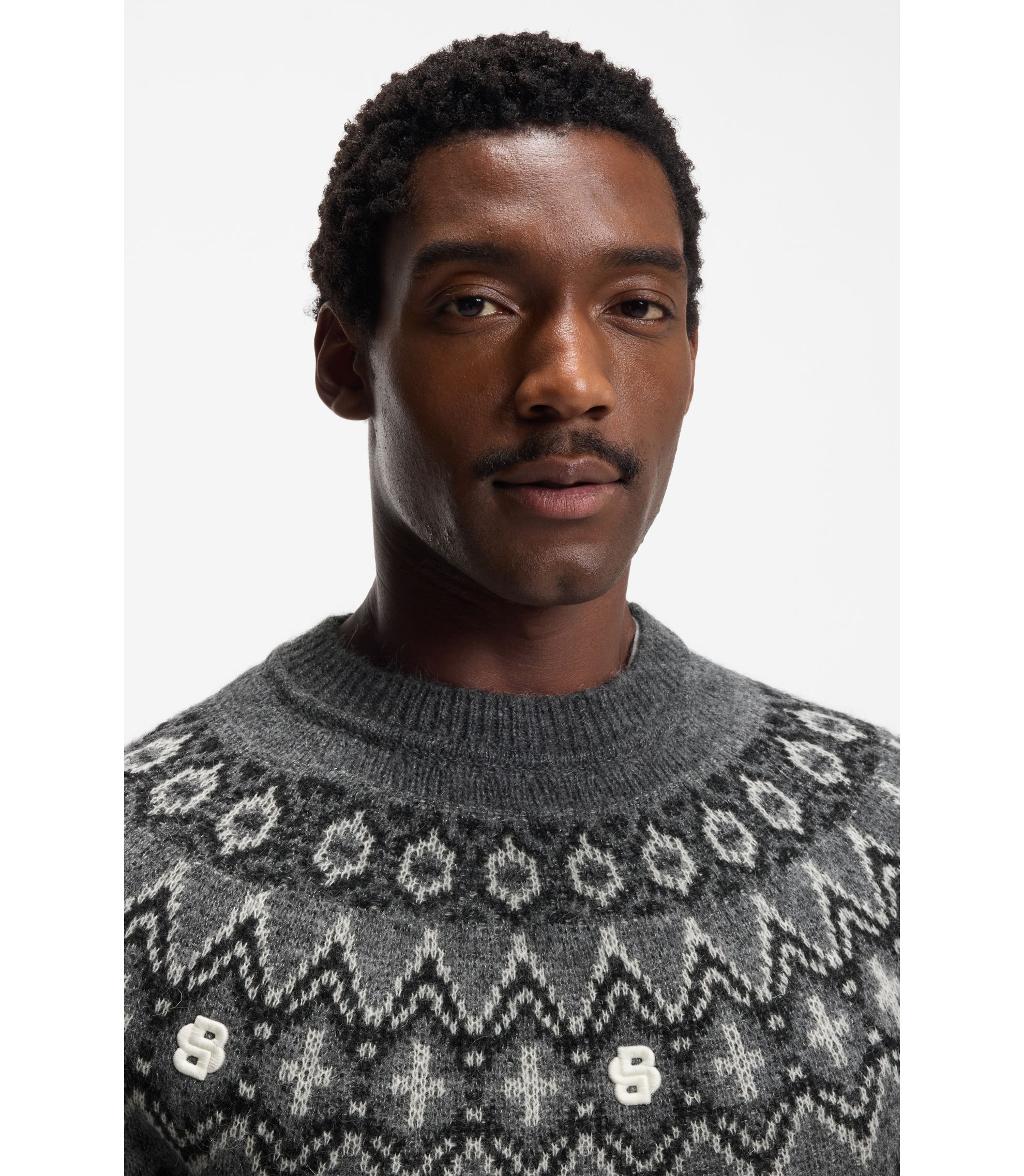 BOSS - Relaxed-fit sweater with Fair Isle knit - Dark Grey