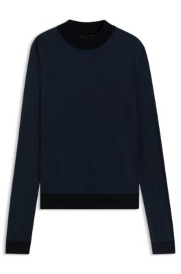 Mock-neck sweater in silk piqu&eacute;, Dark Blue