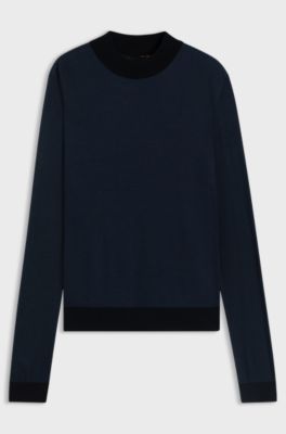 Mock-neck sweater in silk piqu&eacute;, Dark Blue