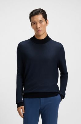 Mock-neck sweater in silk piqu&eacute;, Dark Blue