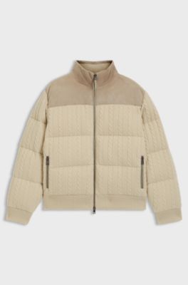 Down jacket in wool and cashmere with suede trims, Light Beige