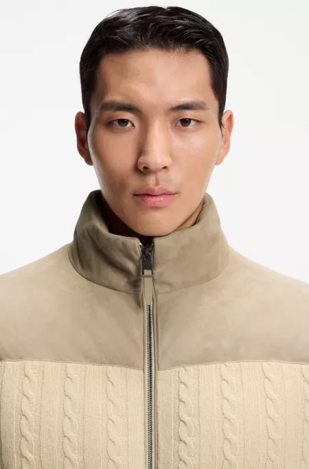 Down jacket in wool and cashmere with suede trims